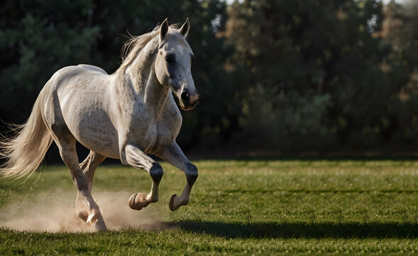 White horse galloping in a green field on a sunny day ia - Powered by Adobe