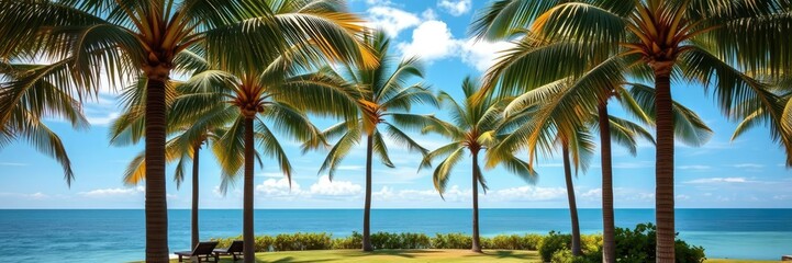 Fototapeta premium A tranquil oasis with palm trees and a serene ocean view, peaceful scene, natural beauty