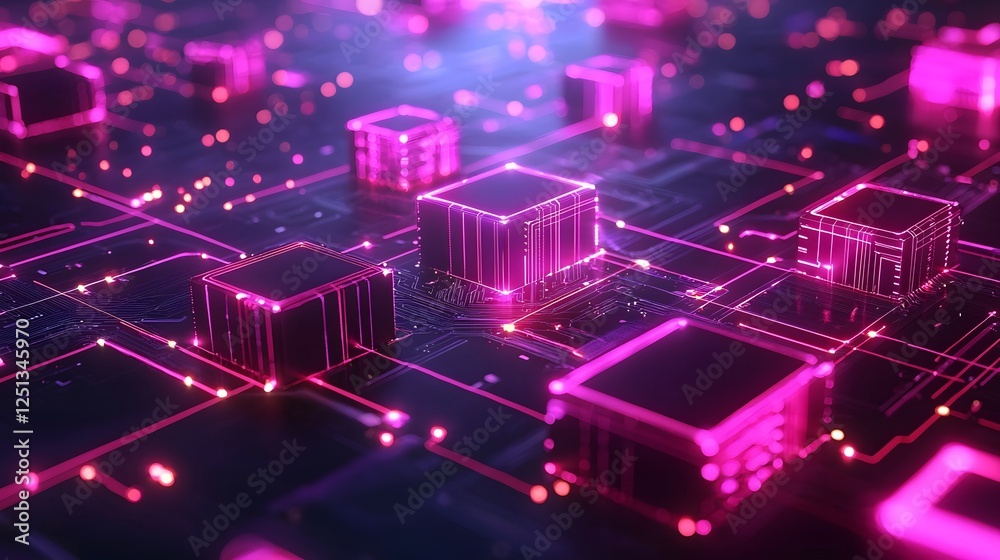 Poster glowing abstract digital network with connected data blocks and pathways for system communication fu