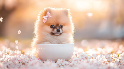 Fluffy puppy with a pink bow sitting in a white teacup surrounded by cherry blossom petals in the spring sunshine.