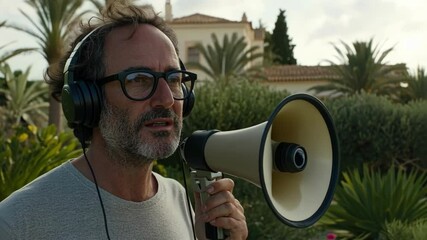 Caucasian man with headphones speaking through megaphone in outdoor setting - Powered by Adobe