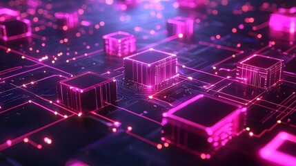 Glowing Abstract Digital Network with Connected Data Blocks and Pathways for System Communication  Futuristic Technology Background with Neon Cubes