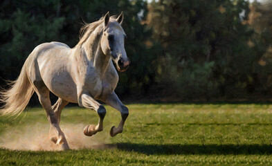 Obraz premium White horse galloping in a green field on a sunny day ia