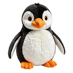 A plush penguin toy, with black and white body, orange beak and feet, and a black and white head, is the central focus of the image, set against a white background
