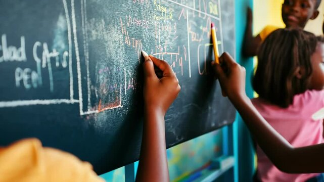 African children engaged in learning at a chalkboard classroom activity