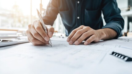 Man working on blueprint and electrical engineer with circuit boards in modern workspace