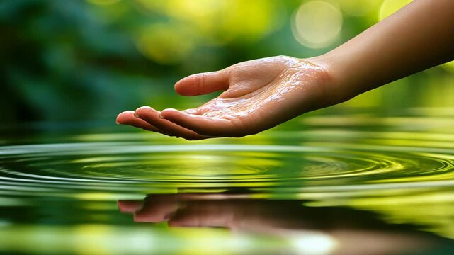 Close up of woman's hand touching water surface in river, natural light, blurred background, ultra realistic photo, cinematic lighting, high resolution photography