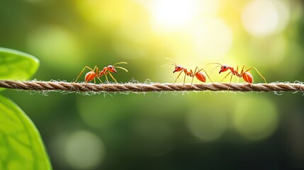 Invertebrate behavior path Close-Up View of Red Ants Walking on Rope Against a Beautiful Nature Background of Light