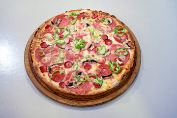 Traditional Turkish cuisine. Pizza, pita, pidesi, sucuk, hummus, kebab. Many dishes on the table. Serving dishes in restaurant. Mix, formaggi, veggie pizza. Top view, flat lay