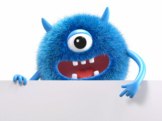Fluffy, cute monster holds a blank sign, symbolizes information and advertising display. 3D rendering, conceptual image. Isolated on white background.