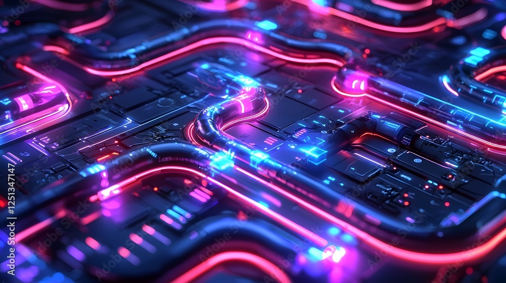 Poster futuristic digital system architecture featuring seamless data pathways and dynamic energy patterns
