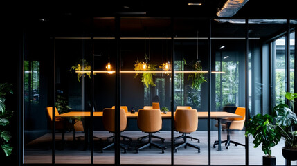 modern office meeting room featuring orange chairs, long table, and greenery. space is well lit with pendant lights, creating vibrant atmosphere