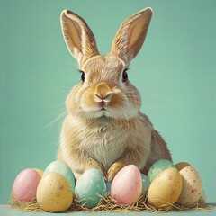 Cute Easter bunny sitting with vibrant, decorated Easter eggs. Festive and cheerful holiday-themed illustration perfect for Easter celebrations, greeting cards, and seasonal designs.