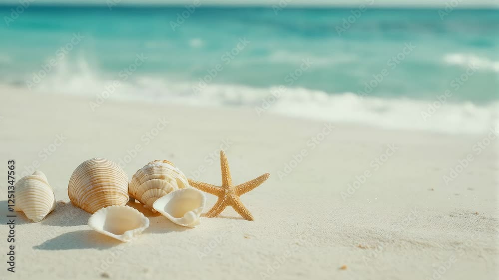 Poster white sand beach hosts seashells and starfish with turquoise ocean waves gently lapping the shore in