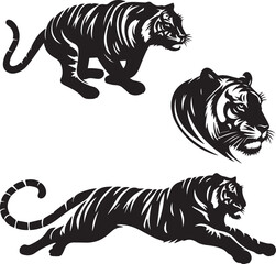 set of Bengal Tiger  running poses,Bengal tiger running silhouette, Bengal tiger sprint vector, black and white tiger running, tiger running poses set, tiger motion illustration