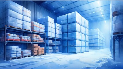 Ice Warehouse Interior with Stacked Boxes and Cold Storage Atmosphere
