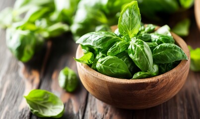 Obraz premium Fresh basil leaves in a wooden bowl
