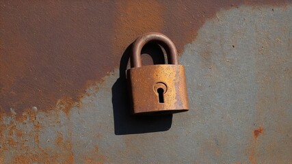 Fototapeta premium Weathered Lock on Rusty Metal Background with Keyhole Detail