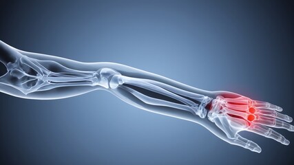 X-ray view of human arm with highlighted pain in wrist area