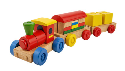 A wooden toy train with three colorful wheels, a red engine, and yellow and blue cars, is positioned on a white background, ready for a journey