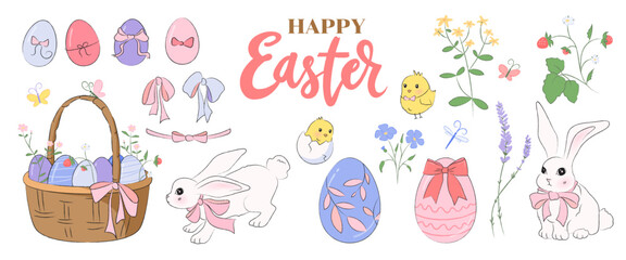 Collection of cute Easter illustrations of rabbits, eggs, baby chicks, flowers, bows, and a wicker basket. Hand drawn decoration elements for spring designs, easter theme banner, poster, greeting card