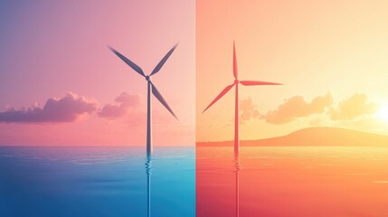 Fototapeta premium Low carbon economy visual flat design front view renewable energy theme cartoon drawing Split-complementary color scheme.