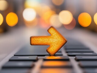A close-up of a keyboard featuring a glowing orange right arrow, symbolizing direction and focus amidst a blurred background.