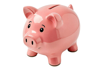 A single, pink, shiny piggy bank with a round shape, small size, and black handle stands on four legs, facing right, against a white background, symbolizing financial savings