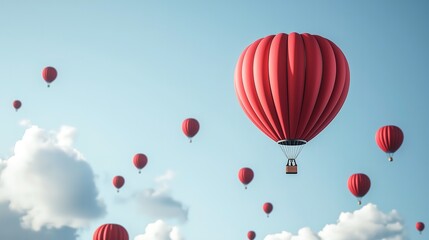 Obraz premium Multiple red hot air balloons ascending into a blue sky dotted with white clouds.