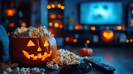 A Halloween-themed movie night setup with popcorn, a remote control, spooky decorations, and 3D glasses on a dark background, ready for a scary movie marathon.