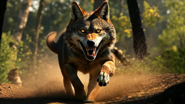 Full-body photograph of an angry wolf running towards the camera in a forest, with an angry expression on its face.