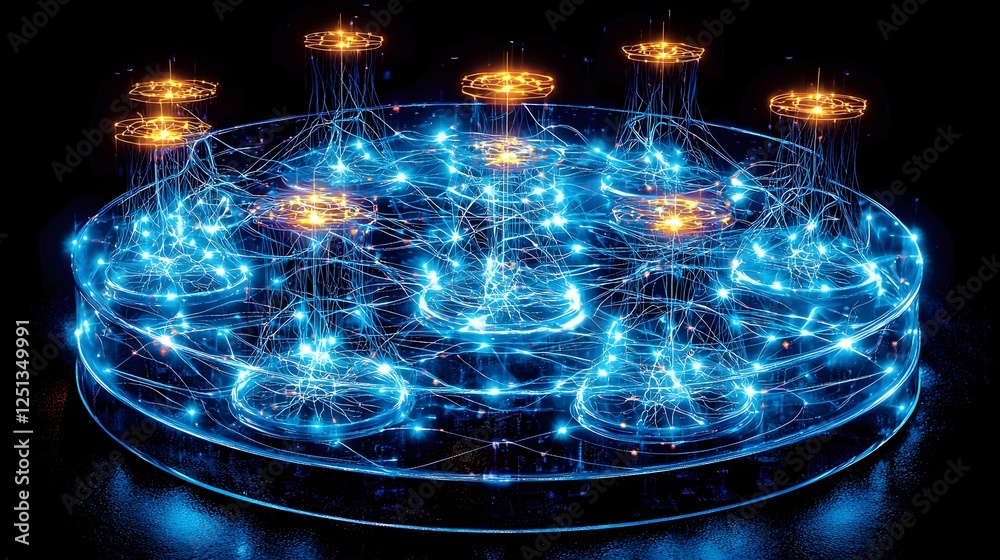 Poster futuristic digital depicting an brain with interconnected nodes and neural pathways illuminating in 