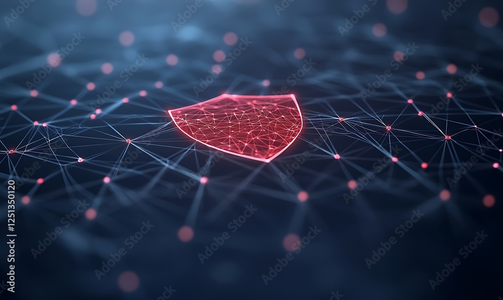 Poster A glowing red shield icon with an interconnected design, ideal for digital graphics and gaming applications.