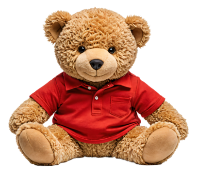 A charming, light brown teddy bear in a red shirt sits upright on a white background, its black nose and eyes contrasting with its fur, and its arms and legs are spread out