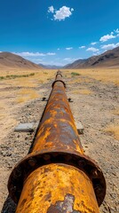 Rusty Pipeline Stretching Across Arid Landscape Under a Clear Sky with Distant Mountains