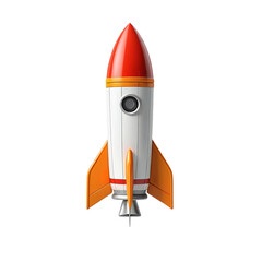 A 3D, 3D-optimized image features a single, vibrant orange rocket with a red top, white body, and yellow fins, soaring through the air against a white background
