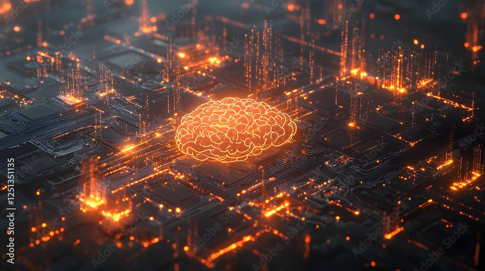 Poster glowing digital brain with interconnected neurons and information pathways representing the concept 