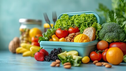 A healthy school lunch is presented with fresh fruits, vegetables, nuts, and a plastic spork neatly arranged in a blue lunchbox set against a light blue background, promoting healthy eating habits.