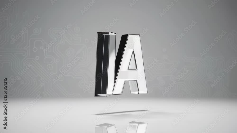 Poster Glass and chrome artificial intelligence symbol rotating on a white background with a circuit board pattern, creating a futuristic and technological concept in slow motion