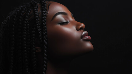 Profile of a young African woman with glossy braided hair and glowing skin, captured against a deep black background