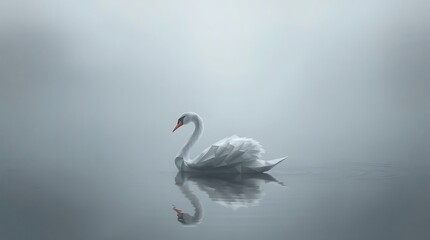 Fototapeta premium Serene swan on calm misty water, reflection visible.