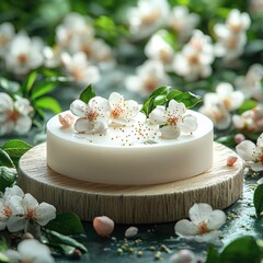 A white circular podium surrounded by falling peach blossoms, with green leaves in the background.