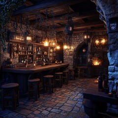 Medieval Tavern Interior Rustic Charm and Warm Lighting