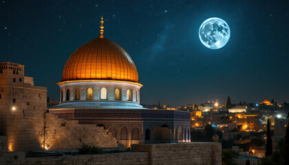 Fototapeta premium Dome of the Rock at Night under a Full Moon