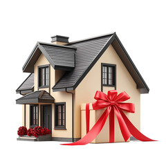 New Modern House Wrapped with Red Ribbon for Gift, Isolated on White Background 
