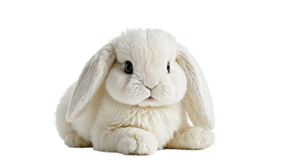 A white stuffed rabbit with black eyes and ears sits on a white surface, facing the camera with a calm expression, against a stark white background