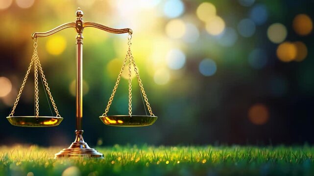 Golden scales of justice balancing on grass with bokeh background in sunlight Copyright Law Day