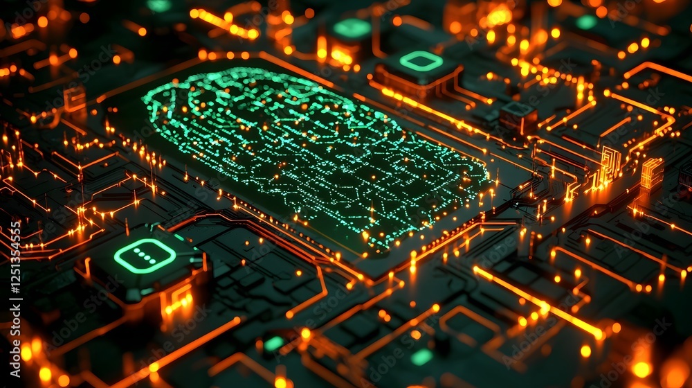 Poster futuristic intelligence brain with intricate neural pathways and data exchange abstract digital circ