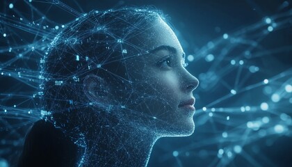 Obraz premium Human Face Outline Interconnected With Digital Circuits On Dark Background, AI, Technology Concept.