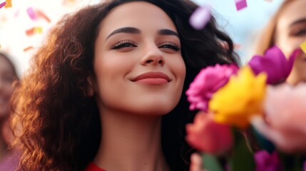 Naklejka premium Joyful celebration with colorful flowers and confetti at a vibrant outdoor event in spring